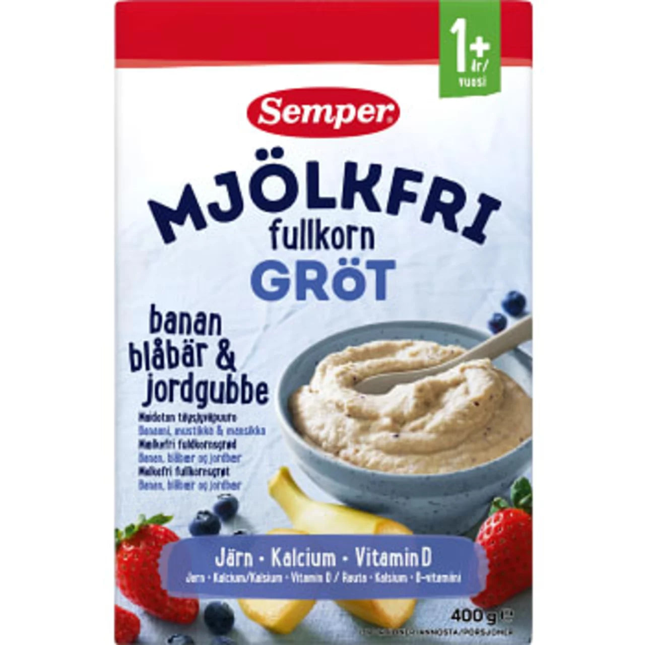 Swedish Baby Food - Fullkornsgröt Banan Blåbär & Jordgubb Mjölkfri Från 1år 13-p Semper 400g