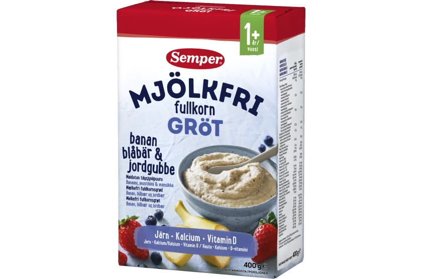 Swedish Baby Food - Fullkornsgröt Banan Blåbär & Jordgubb Mjölkfri Från 1år Semper 400g